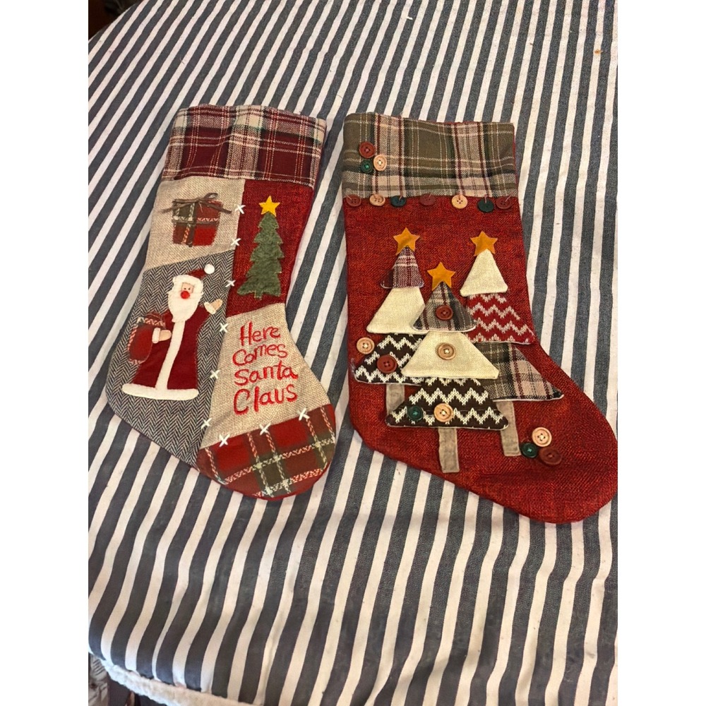 Dan Dee Collectors Choice Christmas Stockings Set of 2 Santa Tree Rustic Plaid